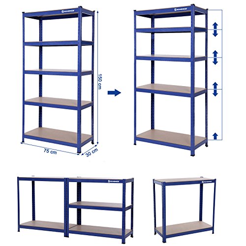 5-Tier Shelving Unit, Steel Shelving Unit for Storage, Tool-Free Assembly, for Garage, Shed, Load Capacity 650 kg, 30 x 75 x 150 cm, Blue