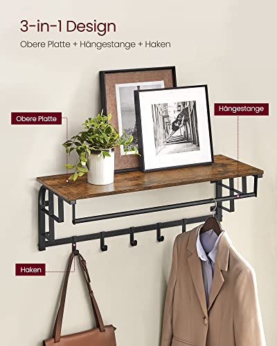 Coat Rack Wall-Mounted, Clothes Rail with 5 Removable Coat Hooks, Floating Shelf with Hanging Rail, for Hallway, Bedroom, Living Room, Rustic Brown and Black