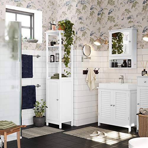 Bathroom Under Sink Cabinet, Floor Cabinet Double Door, 60 x 30 x 60 cm, Storage Unit, Cupboard with 2 Louvered Doors, Adjustable Shelf, Handles, Scandinavian Nordic Style, Matte White