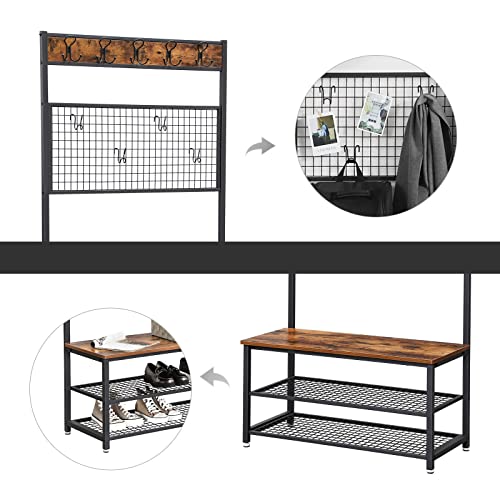 Coat Rack Stand, Industrial Shoe Rack and Bench with Grid Memo Board, 9 Hooks, and Storage Shelves, Hall Tree with Stable Metal Frame, Rustic Brown