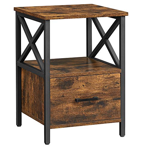 Bedside Table, Side Table, Nightstand with Open Shelf, Drawer, 40 x 40 x 55 cm, Rustic Brown and Black