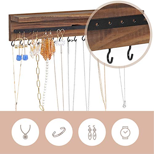 Jewellery Organiser, Wall-Mounted Jewellery Display with Shelf, Hooks, Earring, Bracelets Holder, Gift, Rustic Brown