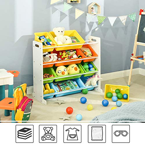 Children's Toy Storage Unit Playroom Display Stand Unit with 4 Colour Removable PP Container Box with Density Board Frame Stand White 86 x 26.5 x 78 cm (W x D x H)