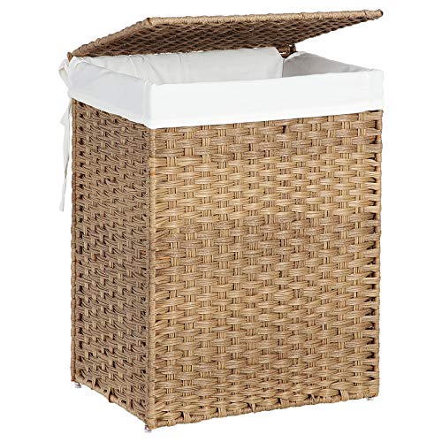 Handwoven Laundry Basket, 90L Synthetic Rattan Clothes Hamper with Lid and Handles, Foldable, Removable Liner Bag, Natural