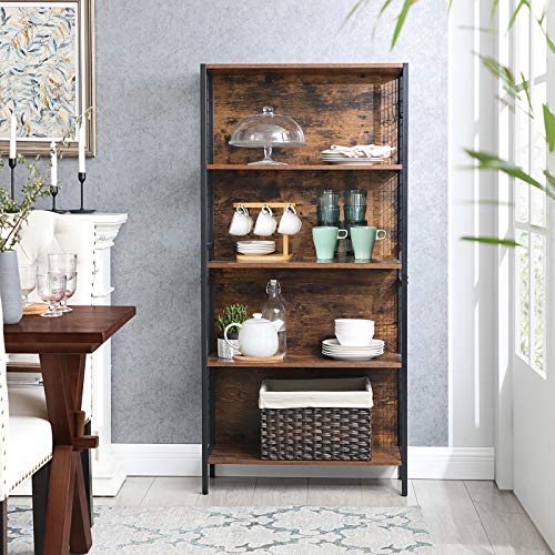 Bookcase, Office Storage Shelf, 4 Tiers for Books, Decorations, Stable Steel Frame, S-Shaped Hooks for Hanging, Living Room, Studio, Bedroom, Rustic Brown and Black