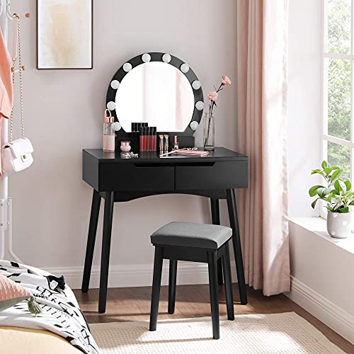 Dressing Table Set with Mirror and Light Bulbs for Makeup, Vanity Table with 2 Large Sliding Drawers and Cushioned Stool, Black