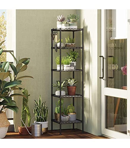 Bathroom Shelf, Metal Storage Rack, Total Load Capacity 100 kg, with 5 PP Sheets, Removable Hooks, 30 x 30 x 123.5 cm, Expandable Design, for Small Space, Black and Translucent