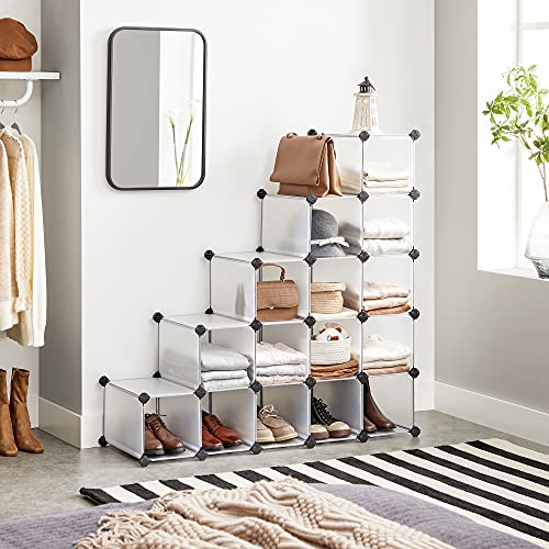 Interlocking Shoe Rack, Rectangular Storage Organiser, 15-Slot Modular DIY Storage Shelf Unit, Metal Wire Wardrobe, White