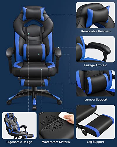 Gaming Chair, Office Racing Chair with Footrest, Ergonomic Design, Adjustable Headrest, Lumbar Support, 150 kg Weight Capacity, Black and Blue