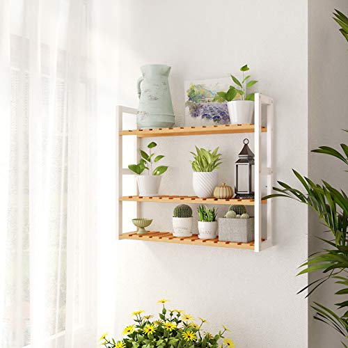 Bamboo Bathroom Shelf, 3-Tier Adjustable Plants Rack, Wall-Mounted or Stand, in the Living Room, Balcony, Kitchen, Natural and White