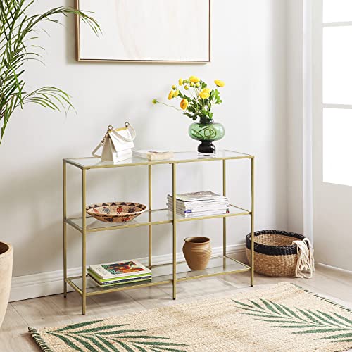 Console Table, Sofa Table with 3 Shelves, Tempered Glass Shelf, 100 x 30 x 73 cm, Metal Frame, Modern, for Hallway Living Room Bedroom, Gold Colour