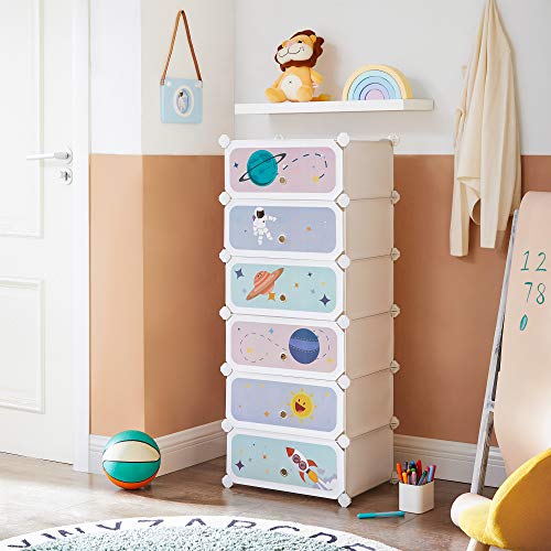 6-Slot Children’s Shoe Rack, Storage Unit, Interlocking Organiser Cabinet for Kids with Plastic Shelves, Modular Wardrobe with Doors, 43 x 31 x 105 cm, White