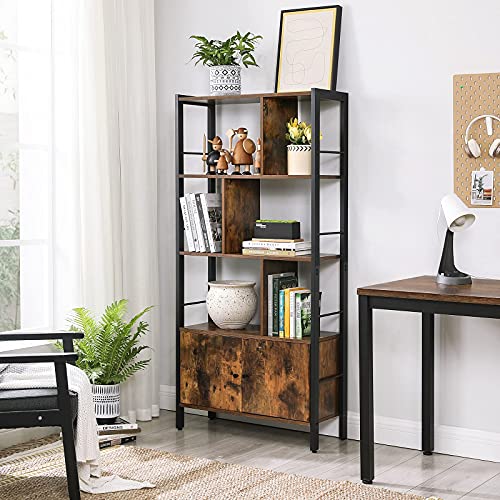 Bookshelf, Storage Shelf, Large Bookcase with Doors, 4 Shelves, Stable Steel Structure, Industrial Style, for Living Room, Office, Rustic Brown and Black