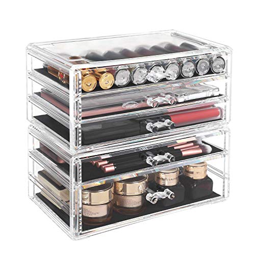 Makeup Organiser, 2-Piece Storage Boxes for Jewellery and Cosmetics, Stackable, with 5 Drawers, Transparent Polystyrene