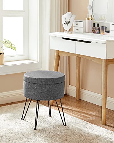 Round Stool with Storage Space, Storage Box with Lid, 13.4 L, Footrest, Metal Legs, Padded Seat, for Living Room, Bedroom, Dark Grey