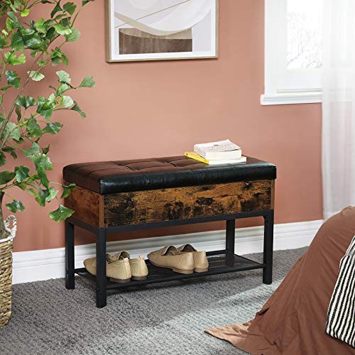 Shoe Storage Bench, Padded Bench, Bedroom Stool with Shelf, Hall, Living Room, Steel Frame, Easy Assembly, Synthetic Leather, Industrial Style, Rustic Brown and Black