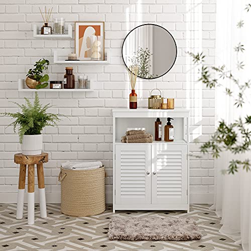 Wooden Bathroom Floor Cabinet Storage Organiser Rack, Kitchen Cupboard Free Standing, with Double Shutter Doors, White