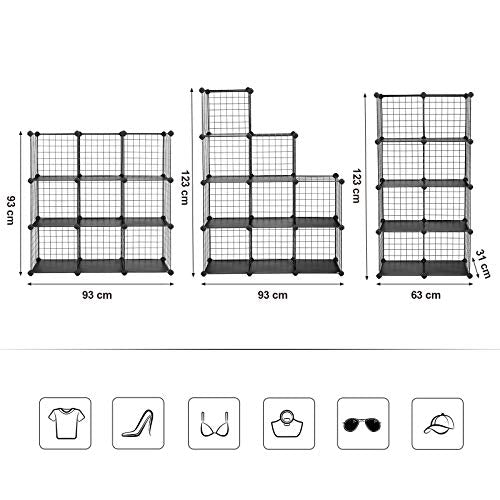 9-Cube Metal Wire Storage Rack, Interlocking Shelving Unit with Metal Wire Shelves, PP Plastic Sheets for Book Shoes Toys Clothes Tools, in Living Room, 93 x 31 x 93 cm, Black