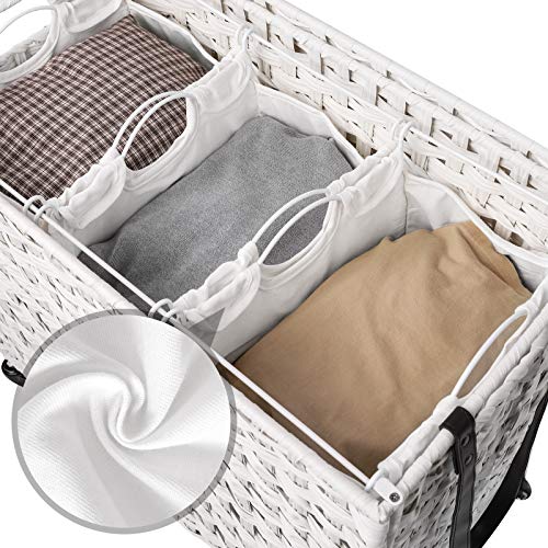 Handwoven Laundry Basket with Lid, Rattan-Style Laundry Hamper with 3 Separate Compartments, Handles, Removable Liner Bags, for Living Room, Bathroom, Laundry Room, White