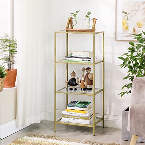 Bathroom Storage Shelf, Tempered Glass Storage Rack, 4-Tier Storage Unit, Sturdy, Easy to Assemble, for Living Room, Bedroom, Office, Golden