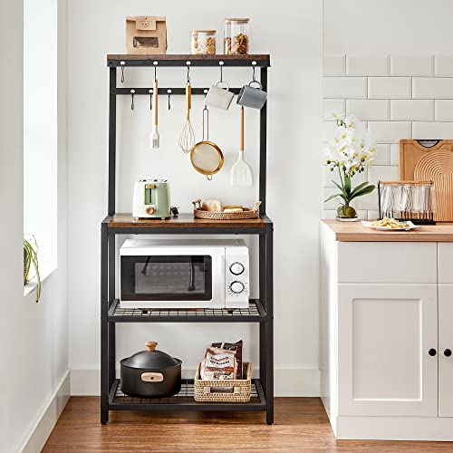 Kitchen Storage Unit, Shelf Organiser and Baker's Rack with Storage Shelves, 12 Hooks, Industrial Microwave Oven Shelf, 60 x 40 x 151.5 cm, Rustic Brown and Black