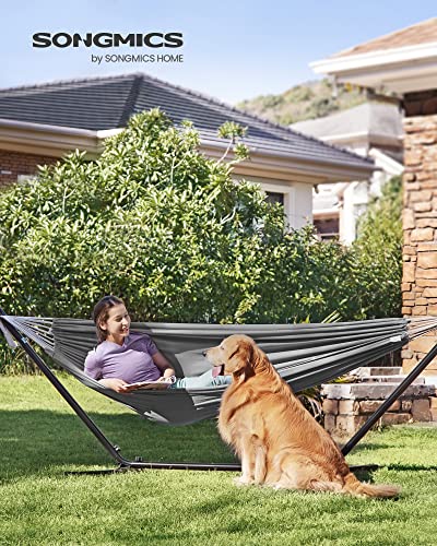 Hammock with Stand, 210 x 150 cm Hammock, 5 Adjustable Heights, Portable Hammock with Metal Frame, Load Capacity 240 kg, Patio, Garden, Yard, Black Stand and Grey Hammock