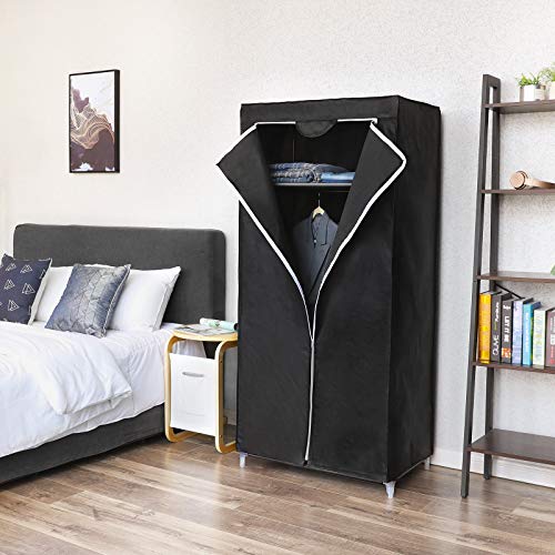 Fabric Wardrobe, Foldable Closet with Hanging Rail, Single Clothes Rack, Storage Organiser for Bags, Toys, Shoes, Living Room, Bedroom, Cloakroom, 75 x 45 x 160 cm, Black