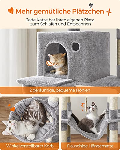 Cat Tree, 206 cm Large Cat Tower with 13 Scratching Posts, 1 Scratching Ramp, 2 Perches, 2 Caves, Basket, Hammock, Pompoms, Multi-Level Plush Cat Condo for Indoor Cats, Light Grey