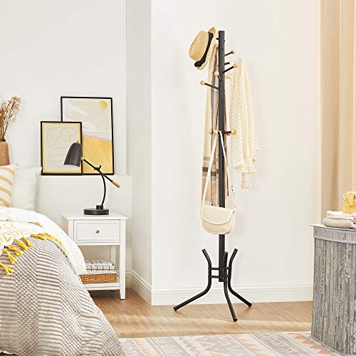 Coat Rack, Freestanding Metal Coat Tree, 11 Hooks with Wooden Ends, for Coats, Hats, Bags, 53.5 x 53.5 x 173 cm, Black