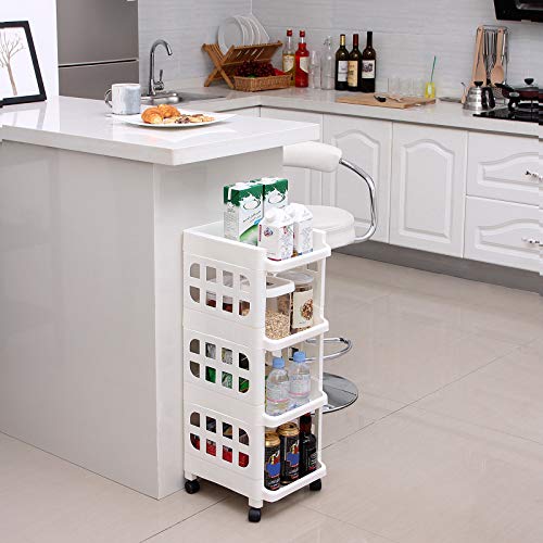 4 Tier Plastic Rolling Cart PP Storage Trolley with Castors for Kitchen Bathroom Utility and Organisation Cart White