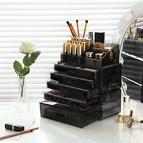 Large Acrylic Make up Organiser, Stackable Cosmetic Box with 6 Drawers, for Palette, Brush, Foundation, Lipstick, Nail Polish, Hairpins, Great Gift for Loved Ones, Black