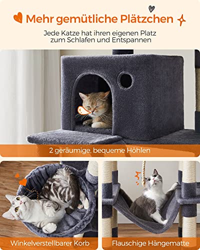 Cat Tree, 206 cm Large Cat Tower with 13 Scratching Posts, 1 Scratching Ramp, 2 Perches, 2 Caves, Basket, Hammock, Pompoms, Multi-Level Plush Cat Condo for Indoor Cats, Smoky Grey