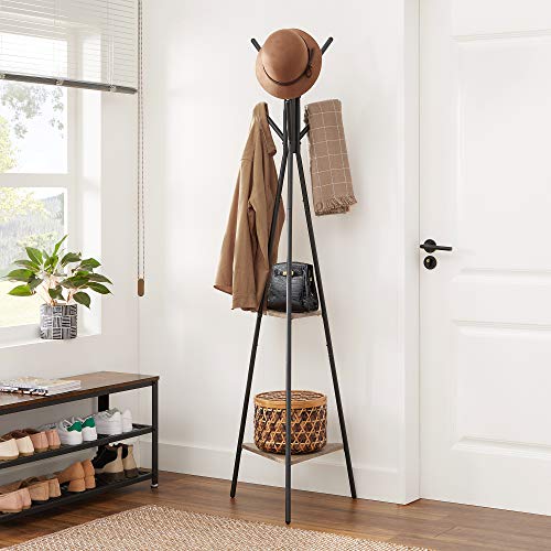 Rack Stand, Coat Tree, Hall Tree Free Standing, Industrial Style, with 2 Shelves, for Clothes, Hat, Bag, Greige and Black