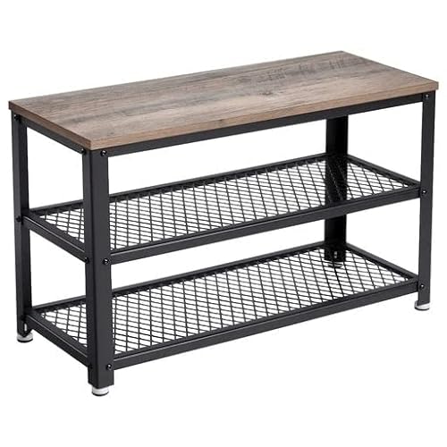 Shoe Bench, Shoe Rack with 2 Shelves, Shoe Organiser, 73 x 30 x 45 cm, Entryway Living Room Hallway, Steel Structure, Industrial Style, Greige and Black