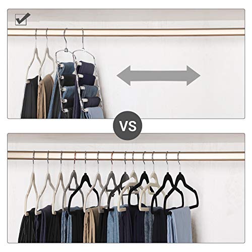 Trousers Hangers, Set of 3 Space-Saving Multi-Bar Metal Pants Hangers, Stable with Non-Slip Padding, Swing Bars for 5 Jeans Each, Suit Pants, Scarves, Ties, Grey and Silver