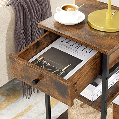 Nightstand, End Table, Tall Bedside Table with a Drawer and 2 Storage Shelves, Space Saving, Industrial Accent Table, Rustic Brown and Black