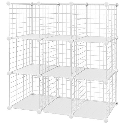 9-Cube Metal Wire Storage Rack, Interlocking Shelving Unit with Metal Wire Shelves, PP Plastic Sheets for Book Shoes Toys Clothes Tools, in Living Room, 93 x 31 x 93 cm, White