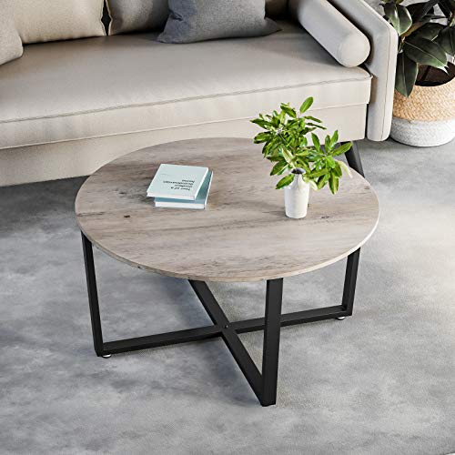 Round Coffee Table, Industrial Style Cocktail Table, Durable Metal Frame, Easy To Assemble, for Living Room, Bedroom, Greige and Black