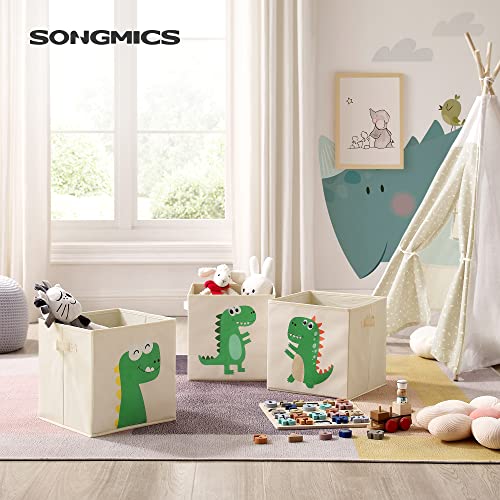 Storage Boxes, Set of 3, Storage Baskets, Toy Storage, Fabric Boxes, 30 x 30 x 30 cm, Foldable, with Handles, Bedroom, Playroom, Dinosaurs, Beige