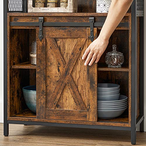 Storage Cabinet, Cupboard with Sliding Barn Door, Open Compartment, Adjustable Shelf, Industrial, for Hallway, Living Room, Kitchen, Study, Rustic Brown and Black