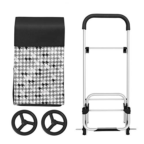 Shopping Trolley on Wheels, Shopping Cart, Load Capacity 40L, with Pockets, Silent Wheels, Hooks, 47 x 33 x 97 cm, Houndstooth Pattern, Black