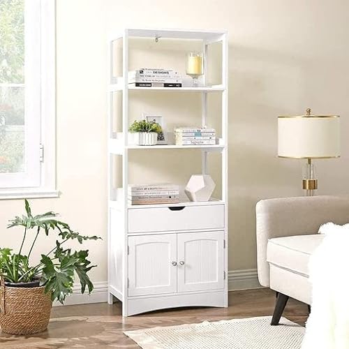 Bathroom Storage Cabinet, Tall Cabinet, Free Standing Bookshelf, with 3 Open Shelves, 1 Drawer and 1 Cupboard, 60 x 32.5 x 154 cm, for Entryway, Kitchen, Study Room, White