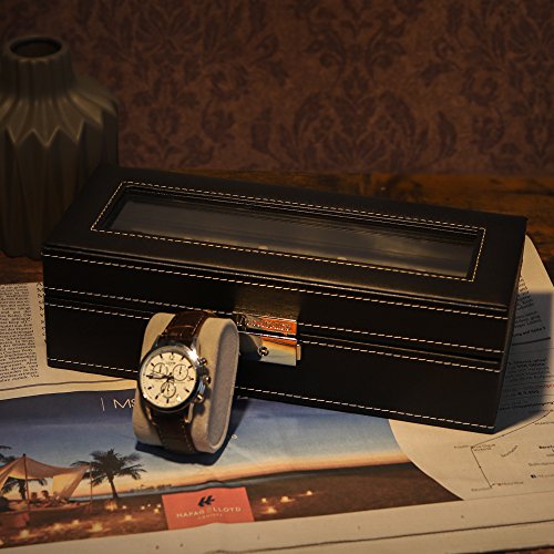 Watch Box with 5 Compartments, Glass Lid, Watch Box with Soft Velvet Lining, Display and Storage of Watches, with Lock and Keys