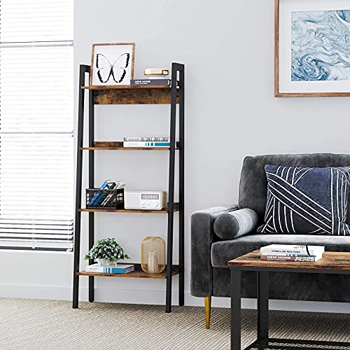 Ladder Shelf, 4-Tier Home Office Bookshelf, Freestanding Storage Shelves, for Living Room Bedroom Kitchen Balcony, Metal Frame, Easy to Assemble, Industrial, Rustic Brown and Black