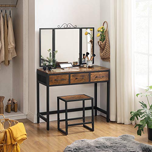 Vanity Table and Stool Set, Dressing Table with Tri-Fold Mirror, 3 Drawers, Makeup Table with Steel Frame, Industrial Style, Rustic Brown and Black