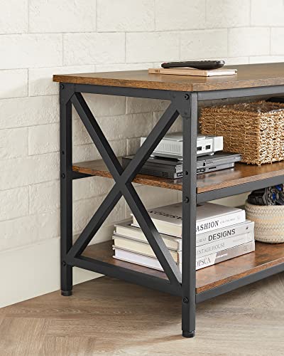 TV Stand, TV Table, TV Console for up to 65-Inch TVs, with Open Storage Shelves, X-Shape Steel Frame, Farmhouse Industrial Design, 147 x 40 x 50 cm, Rustic Brown and Black