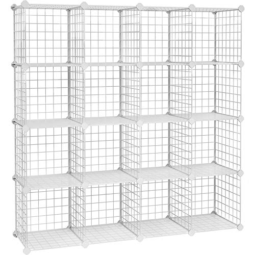 16 Cube Metal Wire Storage Organiser, DIY Closet Cabinet and Modular Shelving Grids, Wire Mesh Shelves and Rack, White