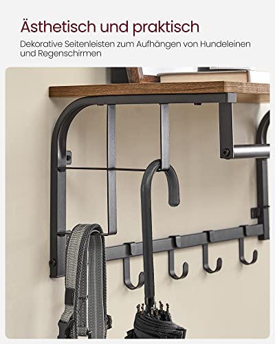 Coat Rack Wall-Mounted, Clothes Rail with 5 Removable Coat Hooks, Floating Shelf with Hanging Rail, for Hallway, Bedroom, Living Room, Rustic Brown and Black