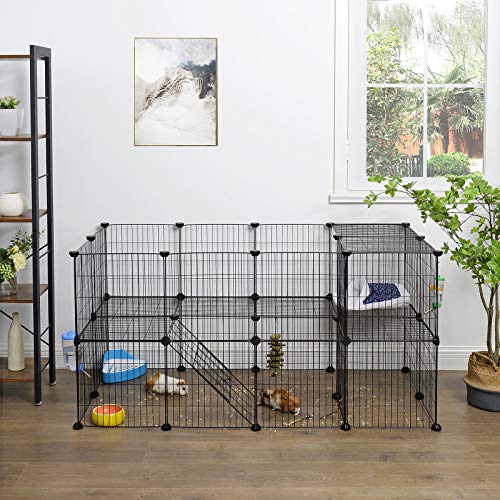 2-Floor Metal Pet Playpen, 36 Grid Panels, Customisable Cage Enclosure for Small Animals, Guinea Pigs Hamster Runs, Rabbit Hutches, Includes Mallet, Indoor Use, 143 x 73 x 71 cm, Black