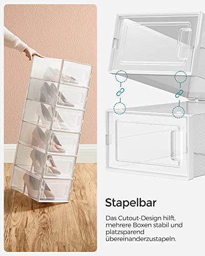 Shoe Boxes, Pack of 12 Stackable Shoe Storage Organisers, Foldable and Versatile for Sneakers, Fit up to UK Size 10.5, Transparent and White